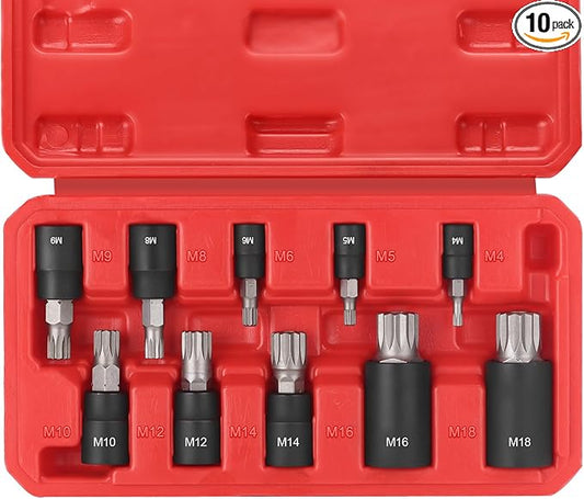 10-Piece XZN Triple Square Spline Bit Socket Set, 1/4?? 3/8??and 1/2??Drive M4 - M18 Triple Square Socket Set, S2 Steel Bits and CR-V Sockets With Storage Case
