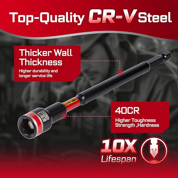 Impact Nut Driver Set, 10 Pieces 6?쒵ong 3/8?? Point Alloy Steel Magnetic SAE Nut Setter Set Use For Require Installing 1/4 Hex Shank Impact Driver with Case Box
