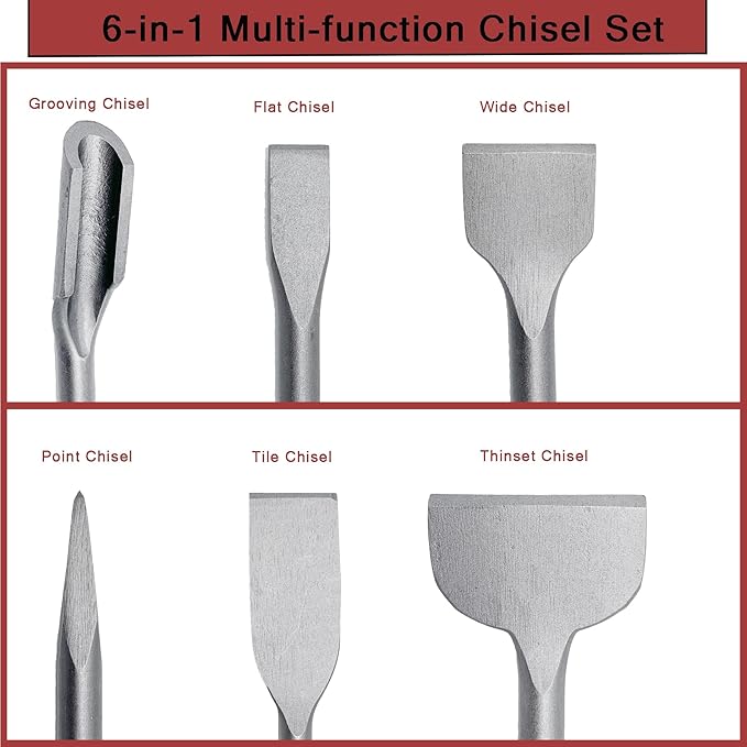 6 pcs SDS Plus Chisel Set, Masonry Concrete Drill Bit Set, Tile Removal Chisel Bits for Rotary Hammer with Point Flat Wide Inclined Grooving Scraping Scaling Removing Tile Thinset