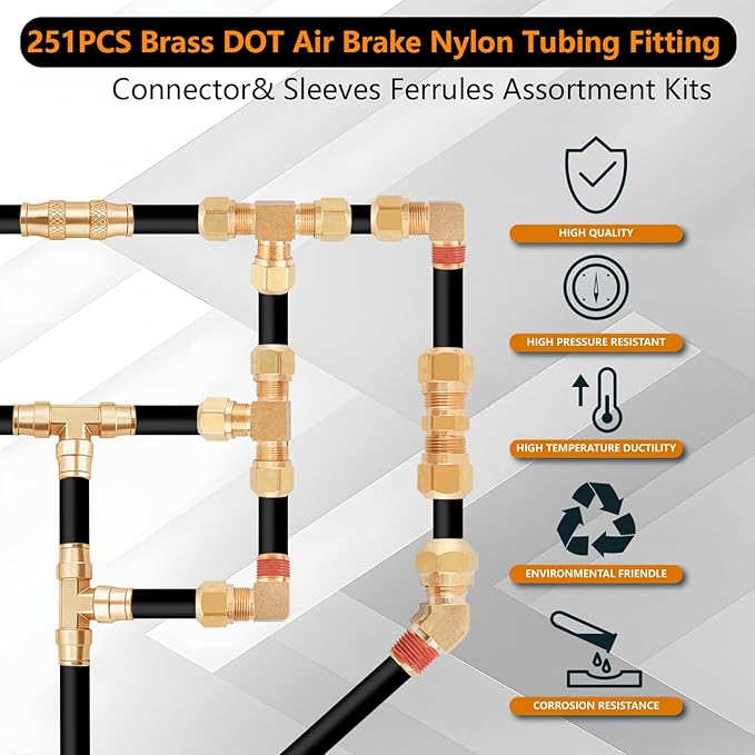 251Pcs DOT Air Line Fittings Push Lock Air Fittings & Brass Air Nylon Tube Compression Fittings Kits,1/4" 1/8" 3/8" 1/2" NPT Push To Connect Fittings Quick Connect Air Hose Fittings Assortment