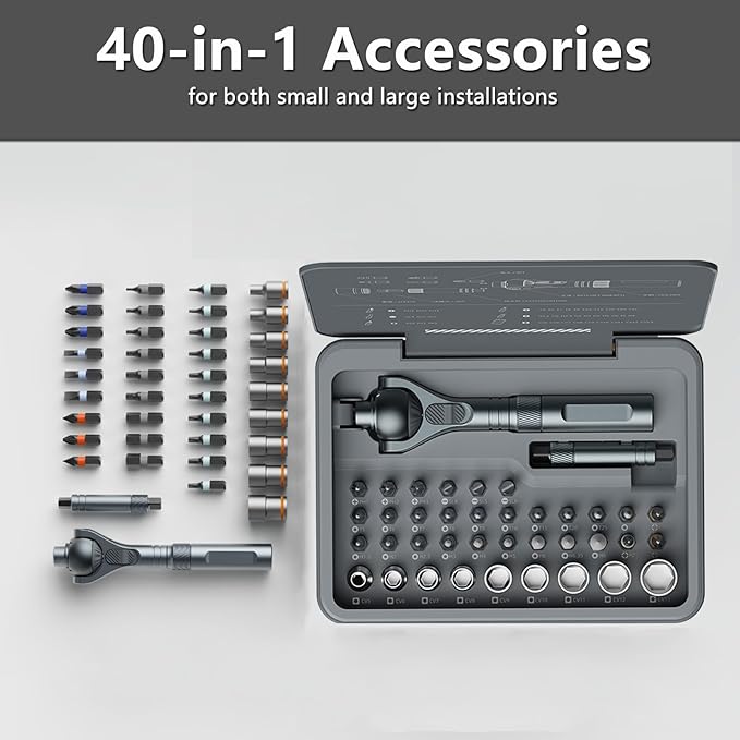 1/4-Inch Drive Ratchet Screwdriver Set, 40 in 1 Precision Bit Set, 9-Piece Socket Set, Alloy Steel, Ergonomic Handle for Electronics & DIY