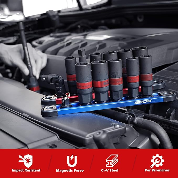 8-Piece 3/8''-Drive Spark Plug Socket Set, SAE & Metric Impact Spark Plug Socket Set with Magnetic Rail, 9/16-inch, 5/8-inch, 3/4-inch, 13/16-inch, 14mm, 18mm, Extension Bars