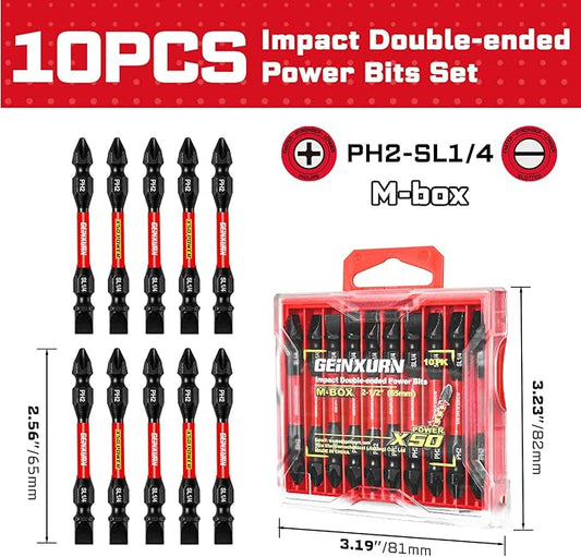 10Pcs SL1/4-PH2 Impact Double End Screwdriver Bit Set, 2.56 in. #2 Phillips/Power Driver Bits, Magnetic S2 Steel Two Sides Screwdriver Bits Set with Storage M-Box