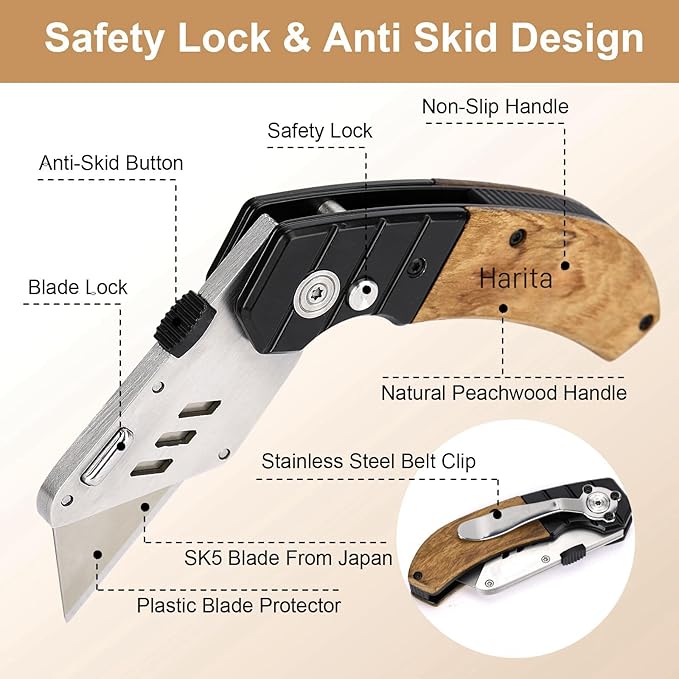 Harita Utility Knife Box Cutter with Belt Clip, Extra 5 pack refilled Blades and Wood Handle Heavy Duty Cutter, Quick-change & Safety Back Lock