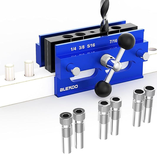 Upgrade Self Centering Doweling Jig Kit, Drill Jig For Straight Holes Biscuit Joiner Set With 6 Drill Guide Bushings, Adjustable Width Drilling Guide Power Tool Accessory Jigs (Blue)