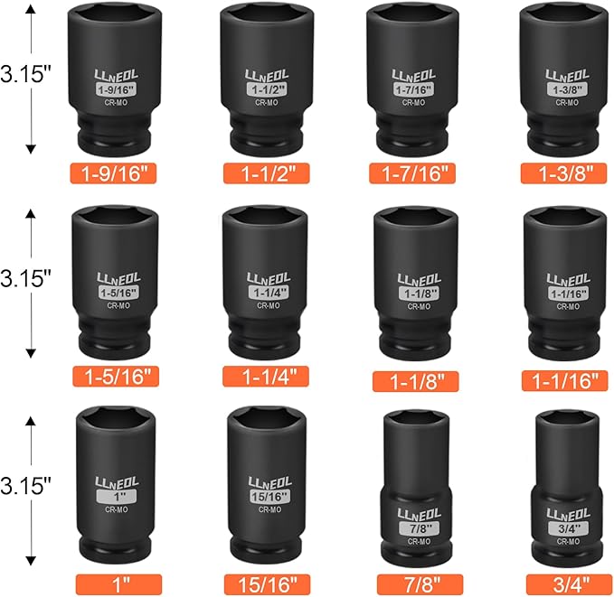 3/4 Inch Drive Socket Set, 12Pcs Impact Deep/Jumbo Sockets, Standard SAE 3/4" to 1-9/16", 6-Point CR-MO Heavy-Duty Big Socket Set for Large Vehicle & Equipment Maintenance