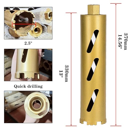 2.5" Dry Core Drill Bits for Cured Concrete with Rebar Brick Blonck Masonry etc 13in/330mm Drilling Depth竊?0mm Diamond Segment Height竊? Adapters
