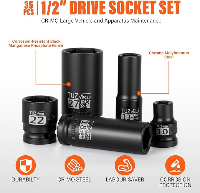 Hex Bit Socket Set 1/2 Drive,35 PCS Axle Nut Socket,Metric Shallow(8mm-32mm) & Deep(10-32 mm) Standard Sizes,CR-MO Alloy Steel for Auto Repair