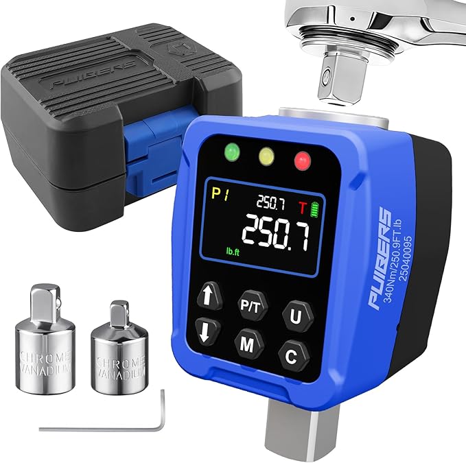1/2" Drive Digital Torque Wrench Adapter- 12.5-250.7 Ft-lb / 17-340 Nm, Digital Torque Adapter 짹2% Accuracy, Colour LCD Display, 1/4??& 3/8??Adapters for Car & Motorcycle Maintenance