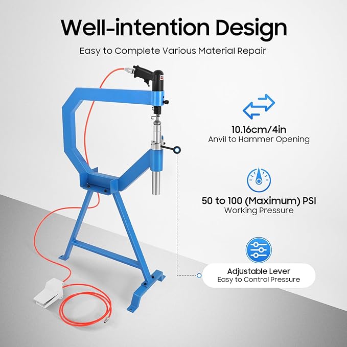 Pneumatic Planishing Hammer, 4 Inch Metal Shaping tools，Planishing Hammer Bending Machine with 1" 2" 3" Anvils and Foot Pedal, Power Hammer for Auto Body Repair, Blacksmithing, and Sheet Metal Work