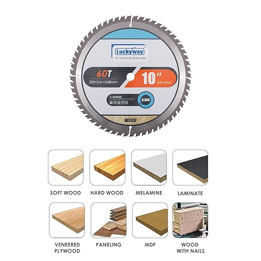 Luckyway 10 Inch Table/Miter Saw Blade 60T Fine Finish with 5/8 Inch Arbor TCT (Tungsten Carbide Tipped) Saw Blade for Cutting Wood