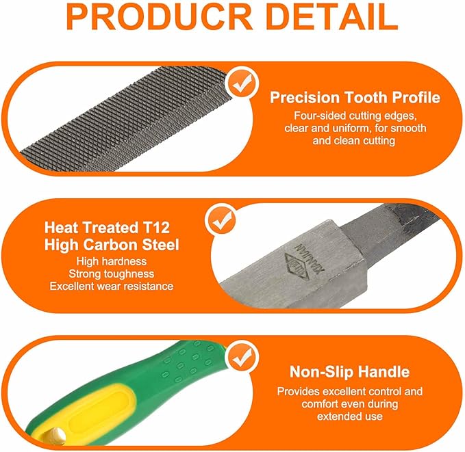 HARFINGTON 10" Square Medium Cut File Double Cut Teeth Medium Metal File High Carbon Steel T12 with Plastic Handle for Metal Wood Finishing Roughing Shaping, Grey/Yellow-Green