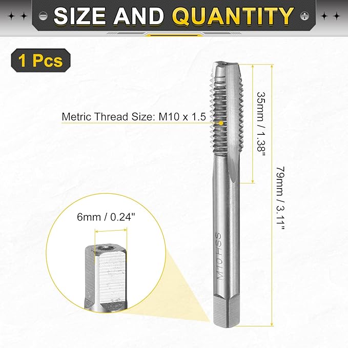 uxcell Hand Plug Tap M10 x 1.5 H2 Metric Thread Plug Style Taps Straight Flute Screw Tapping Threading Tool 9CrSi Alloy Tool Steel