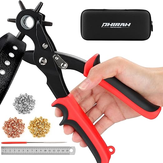 2 in 1 Leather Hole Punch, 3/16" 4.5mm Revolving Hole Puncher with Eyelet Tool Kit and Metal Eyelets for Leather, Belts, Watch Bands, Fabric, Plastic, DIY Handmade Production