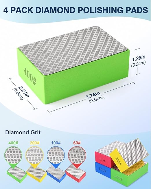 4 Pack Diamond Hand Polishing Pads, Sanding Blocks Polishing, Sanding Pads Assortment, Sandpaper with High-Density Sponge, for Wood Tile Glass Stone Grinding (60#,100#,200#,400#)