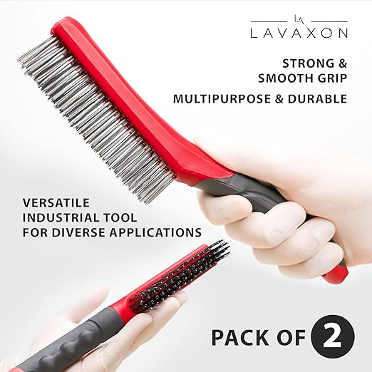 Wire Brush Set-Heavy Duty Stainless & Carbon Steel Bristles with Plastic Handle Grip for Rust, Wielding Slag, Dirt & Paint Scrubbing with Deep Cleaning ??10 Inches, Large (Pack of 2-Red)