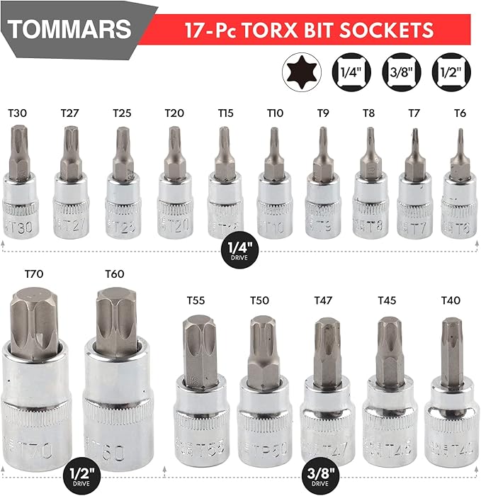 TOMMARS 60-Pc Master Torx Bit Socket and External Socket Set 1/4", 3/8", 1/2" Drive, S2 Steel Bits, CRV Sockets E4-E24, T6-T70,TT6-TT70,TP8-TP60