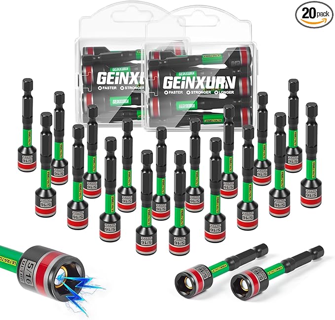 Impact Nut Driver Set, 20 Pieces 2.56?쒵ong 5/16?? Point Alloy Steel Magnetic SAE Nut Setter Set Use For Require Installing 1/4 Hex Shank Impact Driver with Portable Storage Cases
