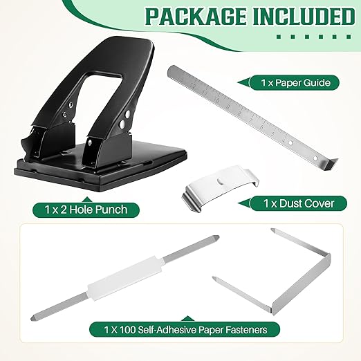 Dreyoo 2 Hole Punch with 100 Prong Paper Fasteners, Heavy Duty Two Hole Paper Puncher for File Folder and Metal File Fasteners Combo Set, 30 Sheet Capacity, Padded Handle(Self Adhesive)