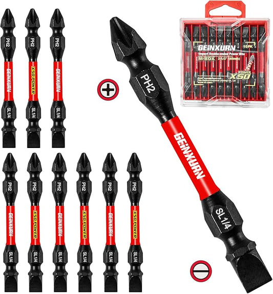 10Pcs SL1/4-PH2 Impact Double End Screwdriver Bit Set, 2.56 in. #2 Phillips/Power Driver Bits, Magnetic S2 Steel Two Sides Screwdriver Bits Set with Storage M-Box