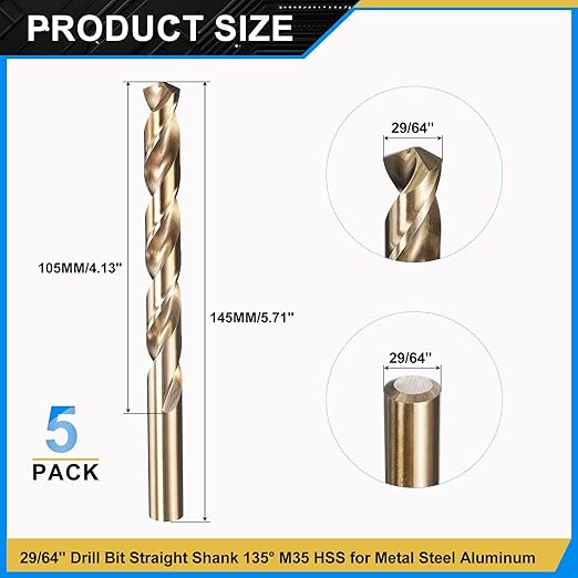 PATIKIL 29/64" Drill Bit, Jobber Straight Shank M35 Cobalt 5% High-Speed Steel 135째 Gold Finish for Stainless Steel Hard Metal - 5 Pack