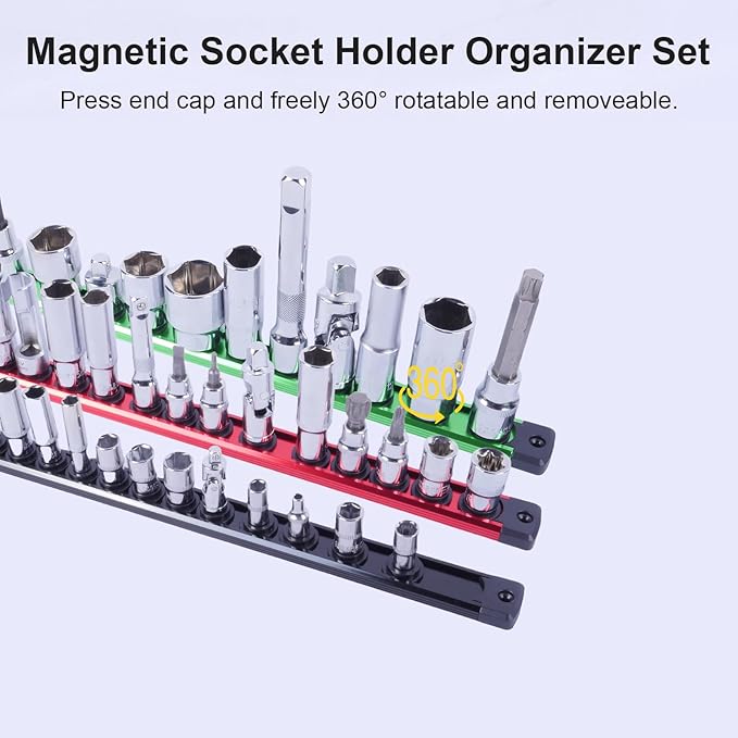 Magnetic Socket Holder Organizer Set: 6-Piece 1/4, 3/8, 1/2 Drive Socket Trays Socket, 360째 Swivel Clips Socket Holder Kit, For Automotive Mechanic Garage (Black Red Green)