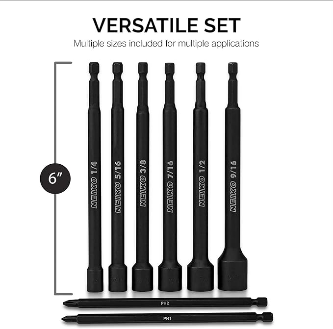NEIKO 10067A Magnetic Impact Nut Driver and Power Bit Tool Set | 8 Pieces, SAE | 6 Inches | Shank Nut Driver Bits Setters | Magnetic Tip Sockets | 1/4 Inch Hex Shank