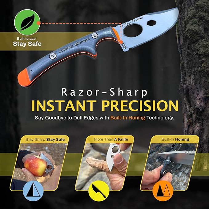 OUTDOOR ELEMENT Contour Feather Survival and Culinary Knives ??VG10 Steel Fixed Blade with Fire Starter, Hex Driver, Knife Sharpener, Sheath & Built in Whistle - Built For Camping & Outdoor Adventure