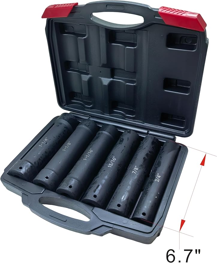 1/2 Inch Drive Extra Deep Impact Socket Set, 6.7" Long竊?-Piece竊똈ncludes Sizes 3/4", 7/8", 15/16", 1-1/16", 1-1/8", 1-1/4", with Storage Case竊?for Long Threaded Rods竊똁olts or Studs