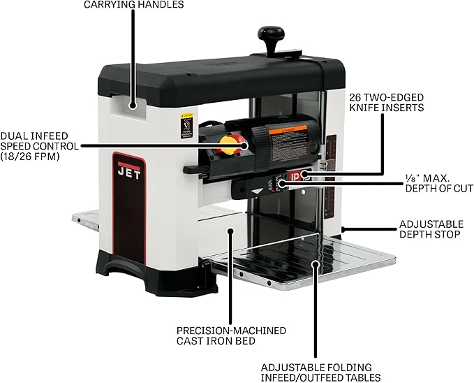 JET 13-Inch Benchtop Thickness Planer for Woodworking, Helical Style Cutterhead with 2-Speed (18 FPM / 26 FPM) Feed Rate, 2 HP, 120V 1Ph (JWP-13BT)