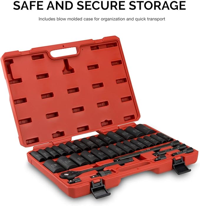 NEIKO 02446A 1/2" Impact Socket Set, 35 Piece, Deep Socket Kit Assortment, Standard SAE (3/8??1-1/4?? and Metric MM (10-32mm) Sizes, Includes Ratchet Handle and Impact Extension Bars