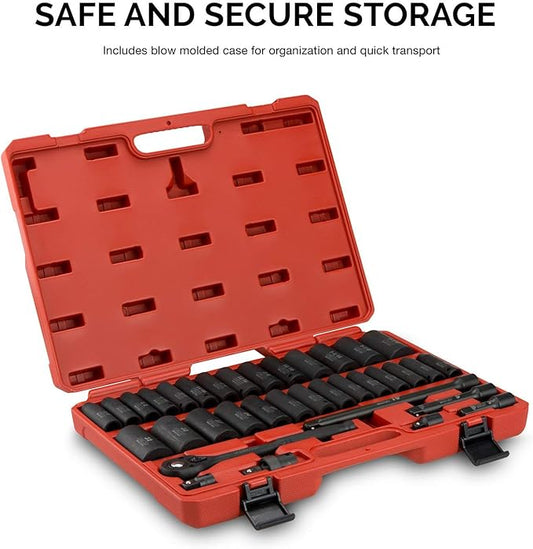 NEIKO 02446A 1/2" Impact Socket Set, 35 Piece, Deep Socket Kit Assortment, Standard SAE (3/8??1-1/4?? and Metric MM (10-32mm) Sizes, Includes Ratchet Handle and Impact Extension Bars