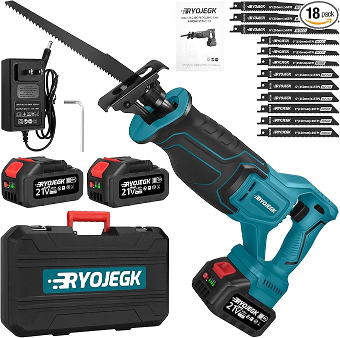 Brushless Reciprocating Saw,21V Cordless Saws with 2횞4.0Ah Battery,Variable Speed Power saw zaw 3500SPM 28mm with 12 Saw Blades,Rec챠proca Tool-Free Blade Change for Cutting Wood,Metal & PVC