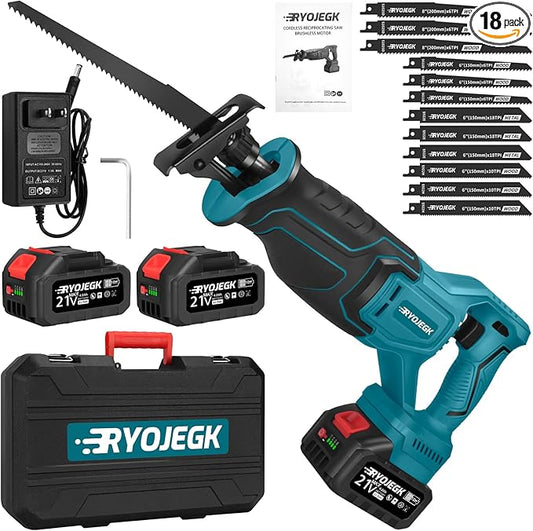 Brushless Reciprocating Saw,21V Cordless Saws with 2횞4.0Ah Battery,Variable Speed Power saw zaw 3500SPM 28mm with 12 Saw Blades,Rec챠proca Tool-Free Blade Change for Cutting Wood,Metal & PVC