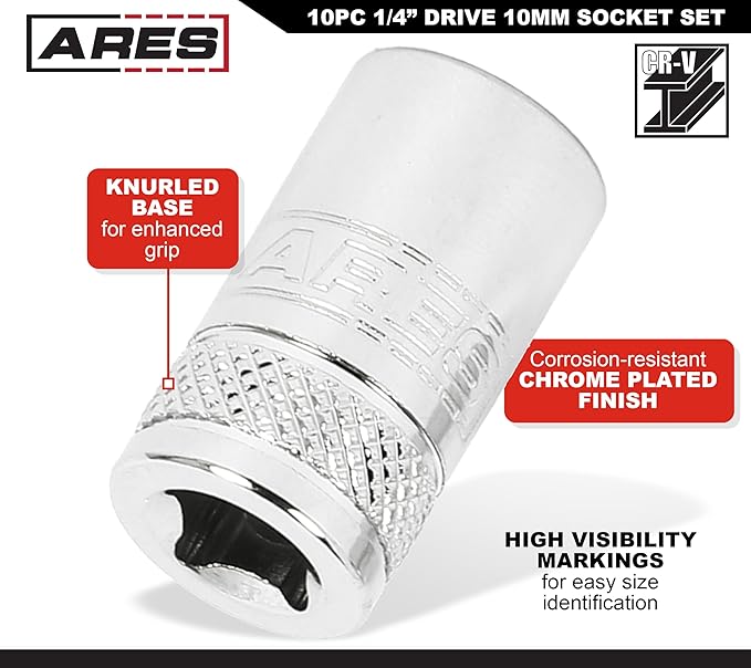 ARES 39018 ??10-Piece 1/4-Inch Drive 10mm Socket Set ??Premium Chrome Vanadium Socket Set Features Knurled Bands for Enhanced Grip ??1/4-Inch Drive Sockets with High Visibility Markings