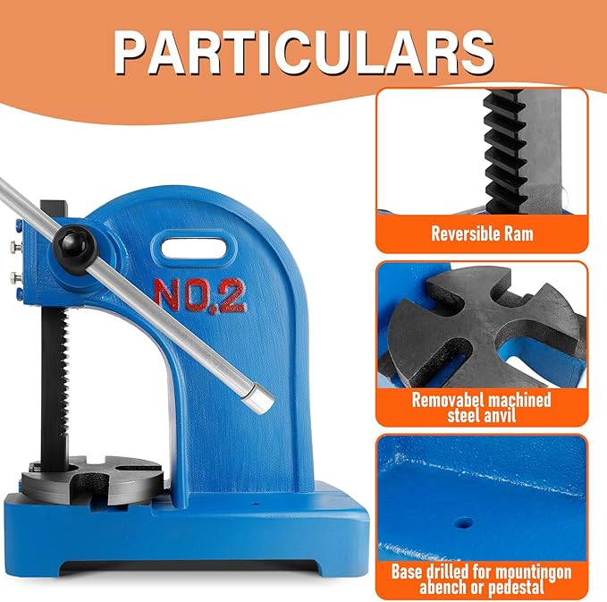 2 Ton Arbor Press Manual Heavy Duty Arbor Press Machine,8.5" Work Height,Manual Arbor Press Cast Iron Desktop Punch Press,for Punching,Bending,Stretching (Blue, 2T)