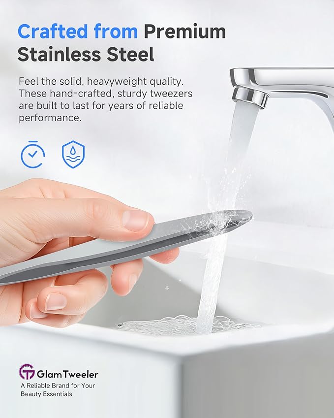 Premium Hand-Made Tweezers with Safe Rounded Tip & Comfort Spring for Pain-Free Plucking, Thick Stainless Steel for Precise Grip on Eyebrows & Facial Hair, Designed for Women and Men
