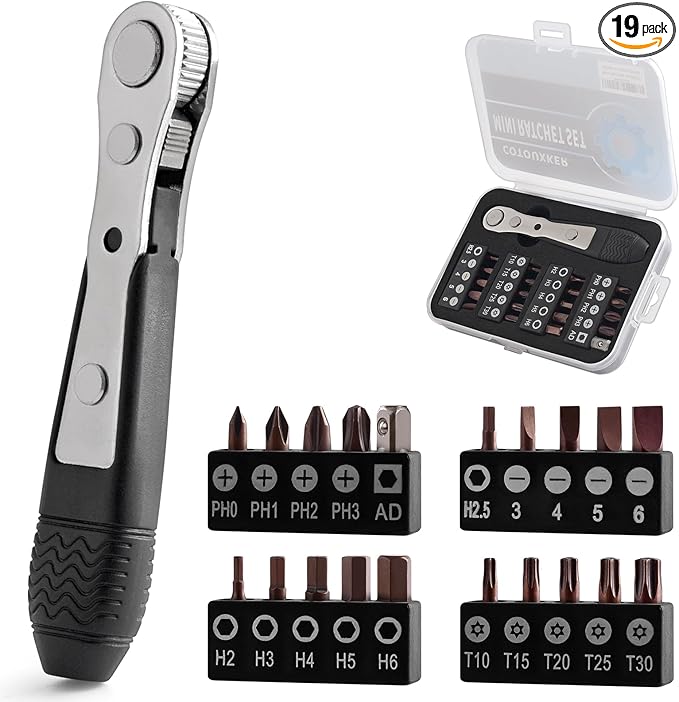 Mini Ratchet Set, Right Angle Screwdriver set with 1/4 Mini Ratchet Wrench and Bits for Tight Spaces