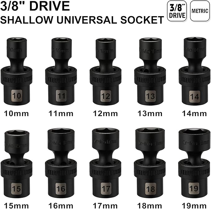 Mayouko 10 PCS 3/8" Drive Shallow Universal Impact Socket Set, 6 Point, Metric, 10-19mm