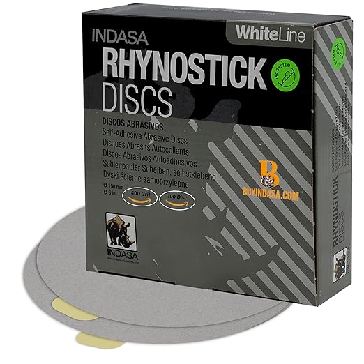 Indasa 6" 100 PCS PSA Sanding Discs ??Rhynostick 400 Grit / 100 Discs ??Self-Adhesive Sticky-Back Sandpaper for DA Sander, Automotive, Wood, Metal, Paint, whiteline