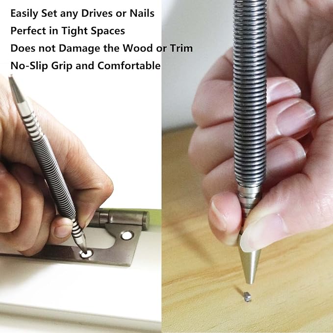 2-Piece Dual Head Combo Nail Setter, Double Ended 3/32?? 1/8?쿞pring Nail Set, 3500 PSI Striking Force Hammerless Nail Set Punch Nail Pullers