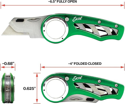 Excel Blades Revo Folding Utility Knife ??Heavy-Duty Box Cutter with Aluminum Body, Quick-Change #92 Blades, 3 Lock Positions Design, Anti-Slip Finger Loop Grip, Holster Included ??Green