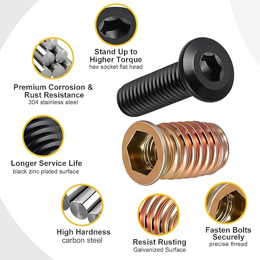 Threaded Inserts and Bolts Set, 23 Sets, 1/4-20 x 25mm Threaded Inserts for Wood, 1/4-20 x 1-1/4" Furniture Screws Bolt Flat Head 304 Stainless Steel, Hex Socket Drive, with 2Pcs Hex Wrench
