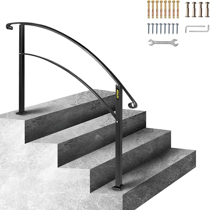 VEVOR Outdoor Steps Handrail, Black Arch#1 Adjustable Metal Staircase Railing for Porch & Deck