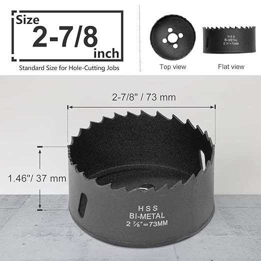 2-7/8 Inch Hole Saw with 3/8" Triangle Shank Quick Change Arbor, JTemgle Bi-Metal Hole Saw Heavy Duty Hole Cutting Tool for Cornhole Boards, Recessed Lights, Wood, Plastic, Drywall & Soft Metal