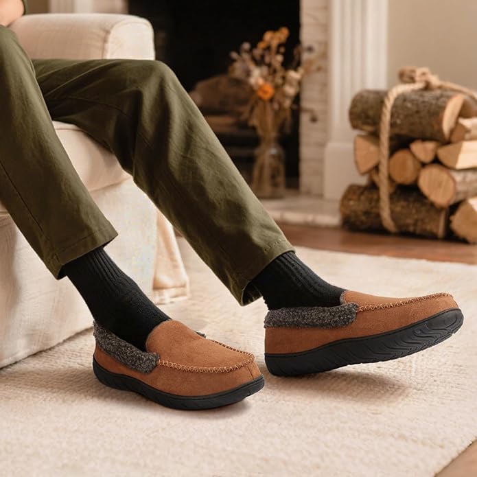 ATHMILE Men's Moccasin House Slippers, Memory Foam Arch Support, Plush Fuzzy Lining, Non-Slip Rubber Sole for Indoor/Outdoor Winter Comfort