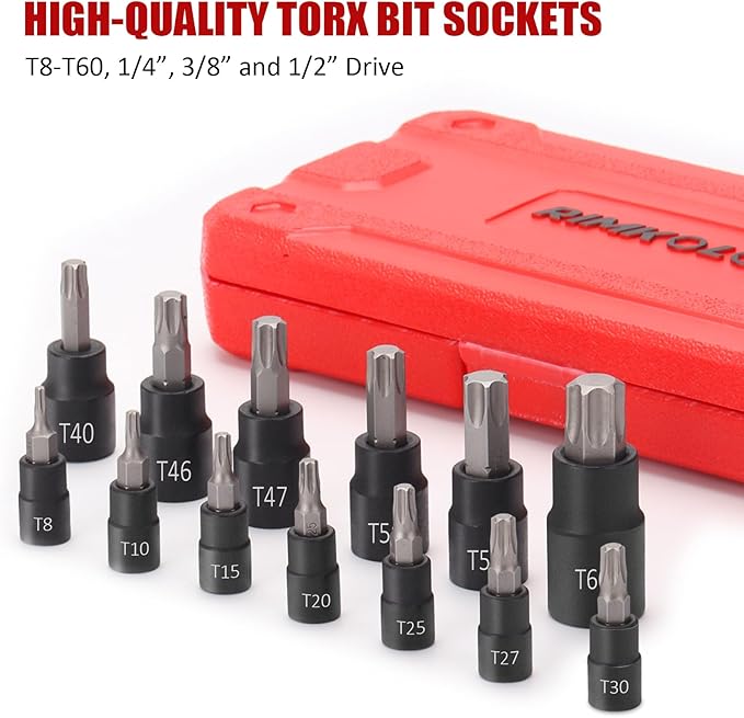 13-Piece Torx Bit Socket Set, 1/4?? 3/8??and 1/2??Drive T8-T60 Star Socket Set, S2 Steel Bits and CR-V Sockets with Storage Case