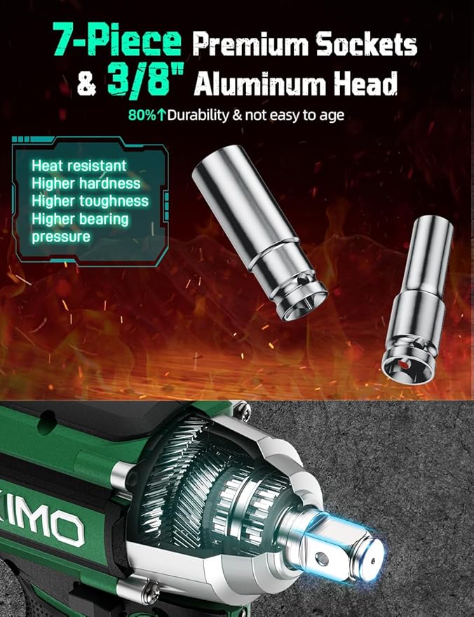KIMO Cordless Impact Wrench, 550N.m/406ft-lbs, 7Sockets,3Inch Extension Bar, High Torque Brushless Wrench with 3/8" Chuck, 3000 RPM, 4000mAh Li-ion Battery, Charger, Power Impact Driver for Car
