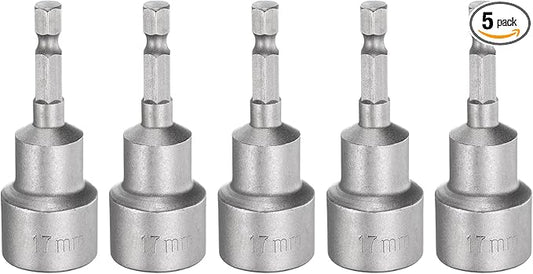 HARFINGTON 5pcs Nut Driver Drill Bit 17mm Metric Socket 1/4" Hex Shank 2.56" (65mm) Long Magnetic 6-Point Sockets Quick Change CR-V Steel Bolt Setters for Power Drill Drivers