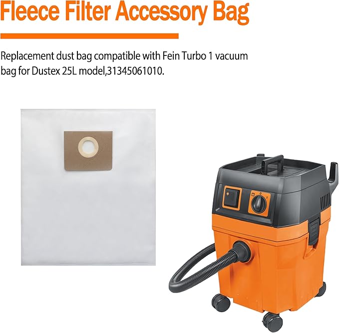 31345061010 Filter Bag for Fein Turbo I Dust Extractors, Wet/Dry Shop Vac Dust Extractor Bags Replacement for Fein Turbo 1, Dustex 25L Model, Tear-Resistant Vacuum Bag 2-3 Times More Capacity, 10 Pack